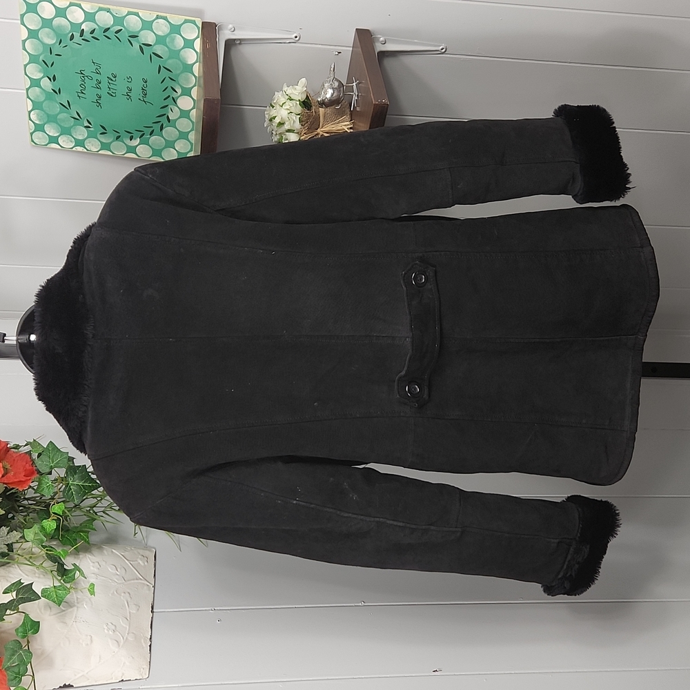 B.B. Dakota Prêt-à-Porter Black Leather Faux Fur Trim Coat - Picture 8 of 12